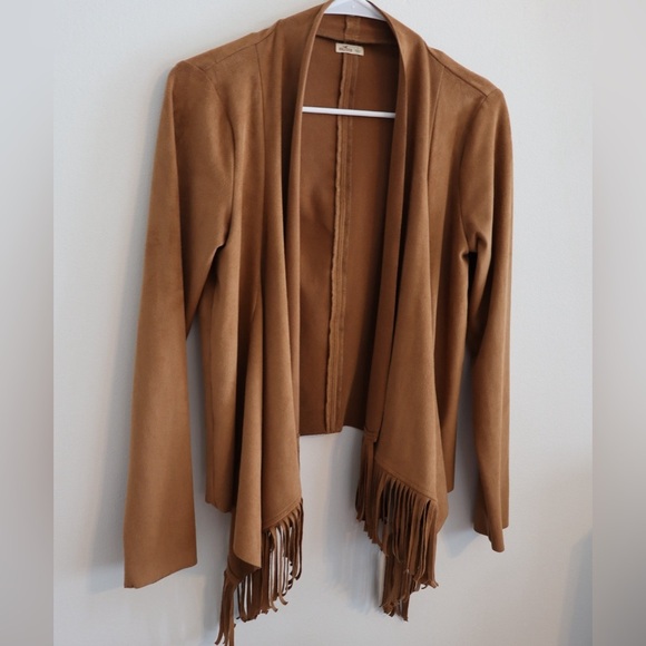 Hollister Faux Suede Fringe Waterfall Jacket Camel Brown - Picture 1 of 3